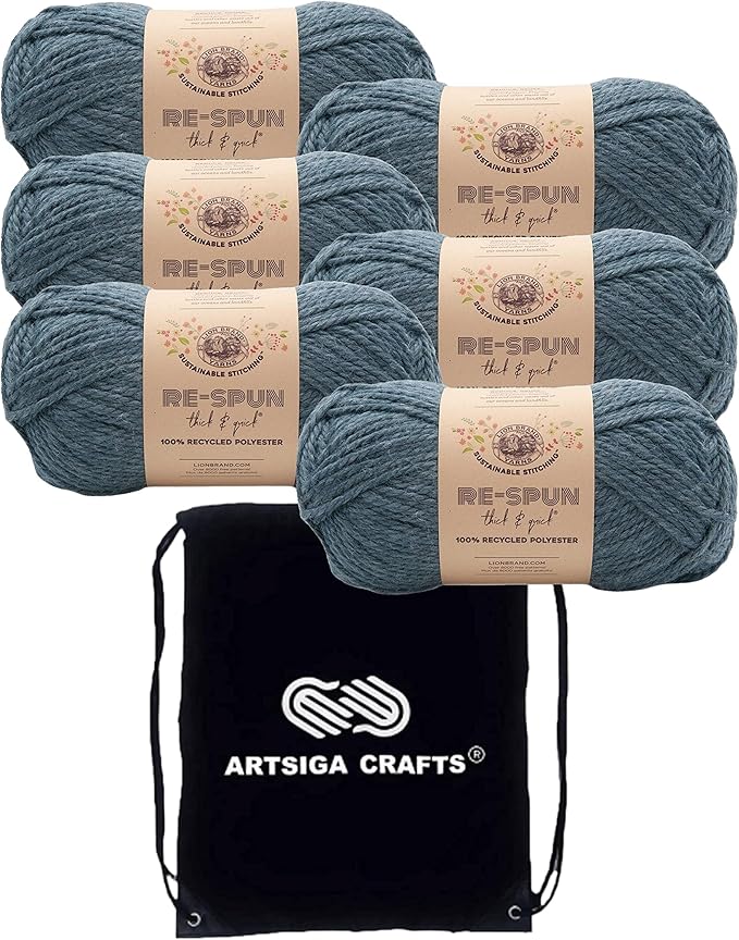 Lion Brand Re Spun Thick & Quick Night Sky 843-110 (6-Skeins - Same Dye Lot) Weight S Bulky #6 Polyester Yarn for Crocheting and Knitting with Project Bag