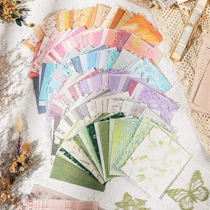 Fullhawl 186 Pcs Scrapbook Paper and Mesh Fabric Assorted Scrapbook Supplies Journaling Scrapbooking 20 Sheets Flowers Stickers 10 Sheets Butterfly Paper for Planner Junk Journal Retro Crafts
