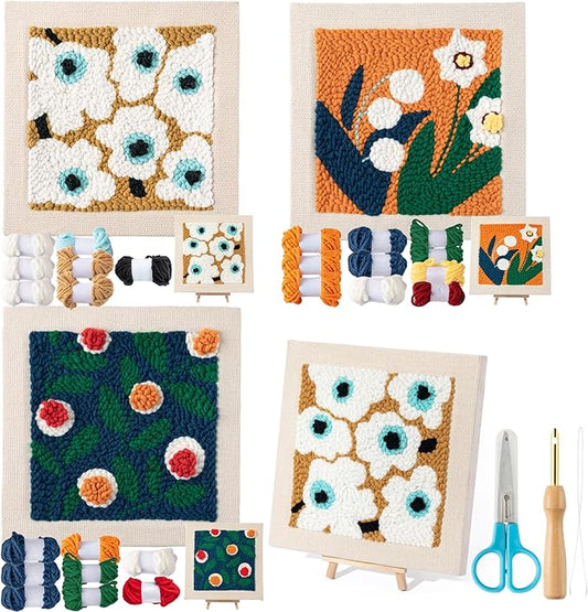 WATINC Punch Needle Kit with Frame for Beginners - 8Pcs Floral Easy Art Work Decor Craft Supply for Beginners, DIY Set of 3Flower Pattern Tufted Rug Pads with Adhesive Felt Yarns Embroidery, Tools Instruction for Adult Christmas Birthday Gift Supplies