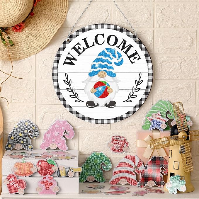 33 Pcs Magnetic Diamond Art Set Interchangeable DIY Gnome Diamond Painting Decor Detachable Welcome Sign Seasonal Door Hanger Gnome Party Decorations Gift for Home Wall Front Door(Stylish)