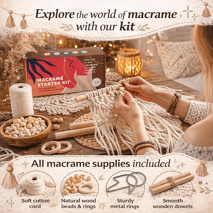 MIGO Creates Macrame Kits for Adults Beginners with 112 Macrame Supplies and 7 Projects Book: DIY Macrame Kit Includes 165 Yards Macrame Cord with Craft Supplies & Materials to Start Macrame!