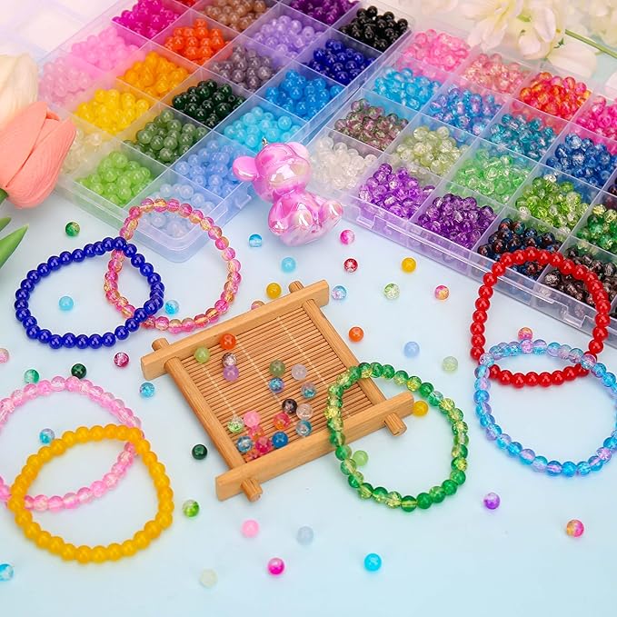 BONNY BOXX 2880 PCs 6mm Round Glass Beads for Jewelry Making, Bulk Crystal Beads in 48 Assorted Colors, Crackle Glass Beads for Bracelets, Necklaces, Earrings, Jewelry Design & DIY Art Projects