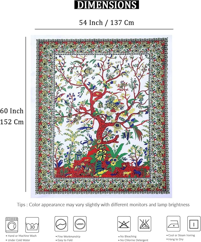 the art box tapestry white tree of life wall hanging – indian cotton twin bedspread, picnic sheet, wall decor, blanket, wall art for bedroom (medium, 60x54 inch)
