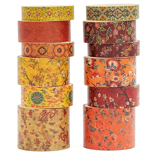 12 Rolls Chinoiserie Washi Tape Set Chinese Arts Adhesive Tapes Geometric Garden Decorative Masking Tape Sets for Craft, Kids, Scrapbook, DIY, Gift Wrapping (Ode to The River)