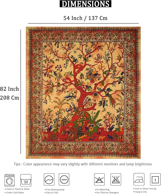 the art box tapestry yellow orange tree of life wall hanging – indian cotton twin bedspread, picnic sheet, wall decor, blanket, wall art for bedroom (twin, 82x54 inch)