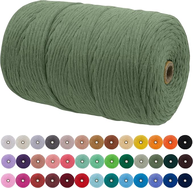 JeogYong Single Strand Macrame Cord 3mm x 218 Yards (656 Feet) Soft Cotton Rope Macrame Yarn 3 mm Macrame Cord, Macrame Supplies for Crafts Wall Hangings Plant Hangers Decorations (Army Green)