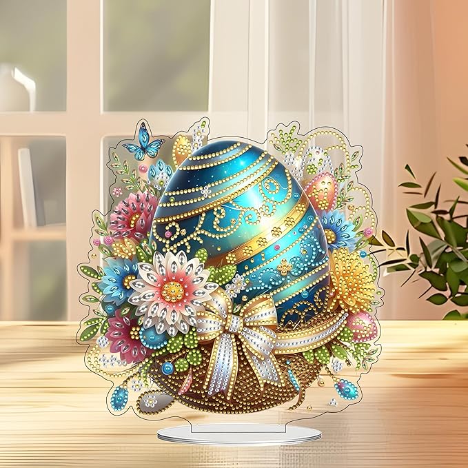 JJFox DIY Tabletop Diamond Art Painting Kit，Desktop Ornament Special Shaped Rhinestone Desk Placement Ornament，Home Stand Up Gem Painting Craft Kit Gift Double Sided (Easter Egg)