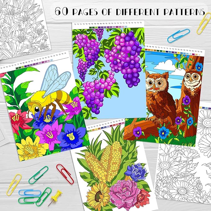 Color by Numbers Adult Coloring Books, 3Pcs Color by Number Coloring Books for Adult Relaxation, Anxiety Relief Mindfulness Gifts, Brain Activity Game for Adults (Flowers & Natures & Animals)