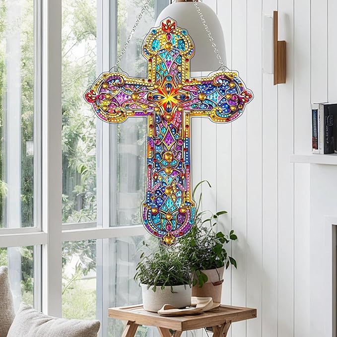JJFox Diamond Cross Art Hanging Kit for Adult,Special Shaped Rhinestone,DIY Acrylic 5D Diamond Art Painting Window Pendants Home Garden Wall Hanging Kits Hanging Ornament,Double Sided