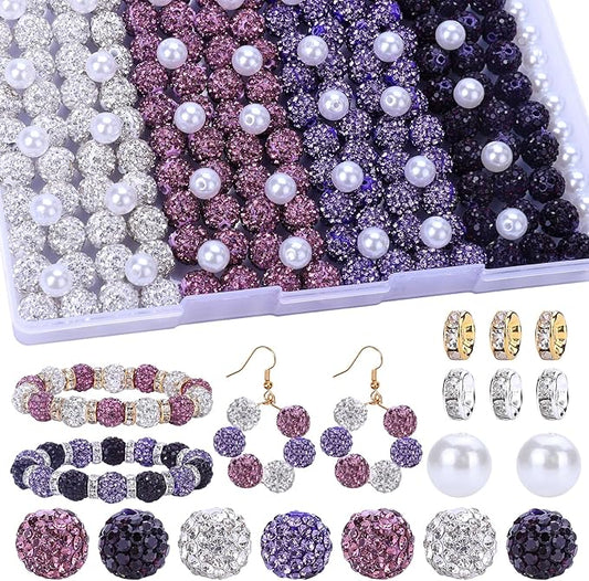 AIPRIDY Jewelry Making Beads Set, 300 PCS 10mm Rhinestone Clay Beads, 8mm Mixed Color Spacer Beads with Pearl and Floral Beads for DIY Jewelry Making (White + Purple Series)