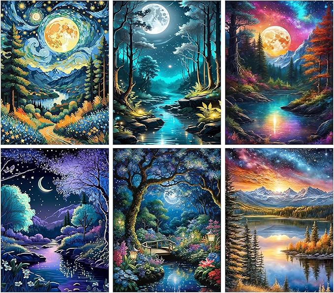 Meothan 6 Pack Diamond Painting Kits Moon Landscape Diamond Art Kits for Adults Beginners, 5D DIY Full Round Drill Paint with Diamond Dots Gem Art Set for Home Wall Decor 12 x 16 Inch