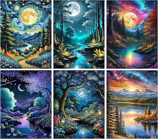 Meothan 6 Pack Diamond Painting Kits Moon Landscape Diamond Art Kits for Adults Beginners, 5D DIY Full Round Drill Paint with Diamond Dots Gem Art Set for Home Wall Decor 12 x 16 Inch