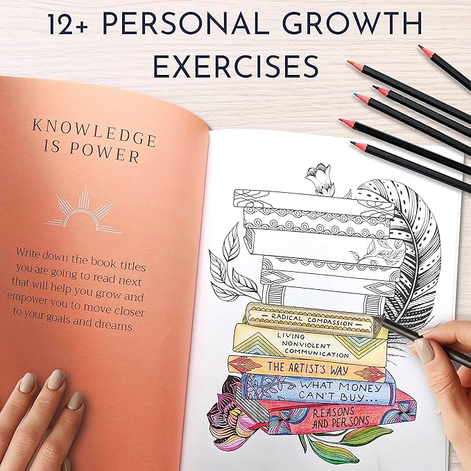 Adult Coloring Book for Women – Mindfulness Coloring Book with Personal Growth Prompts – Coloring Books for Adults Relaxation, Stress Relief, Anxiety, 8.5x11, Perforated Pages, Relaxation Gifts