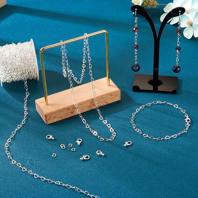 PH PandaHall 16.4 Feet Brass Heart Link Chains 18K White Gold Plated Heart Chains Soldered Jewelry Chains with 50Pcs Jump Rings Lobster Claw Clasps for Bracelet Necklace Jewelry Making