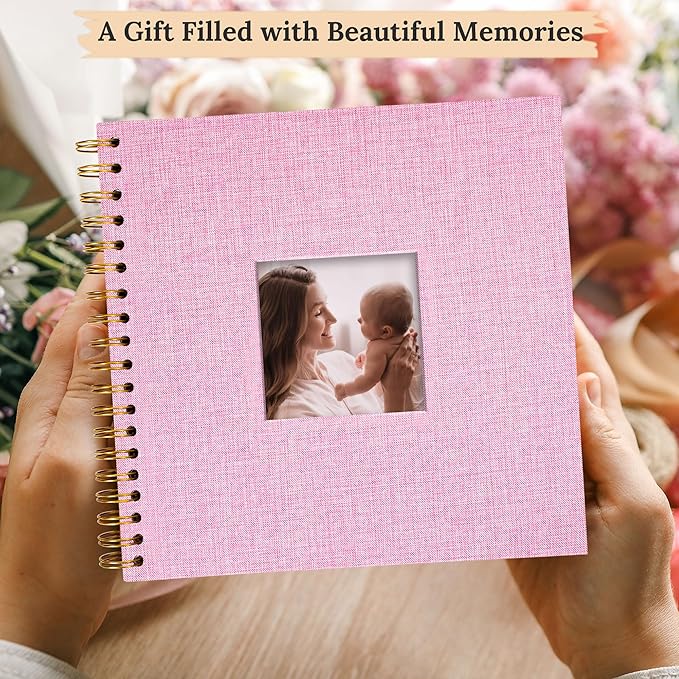 Scrapbook Photo Album Linen Cover, 10 x 10 Inch Hardcover Kraft White Pages Memory Book, for Travel Wedding Guest Book Christmas Baby Shower (40 Sheets/ 80 Pages,Pink)