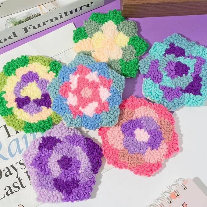 WATINC 22PCS Craft Punch Needle Coaster Kit with Flower Pattern DIY Embroidery Kit for Beginner Easy Embroidery Art and Crafts Needle Coaster with Instruction for Adults