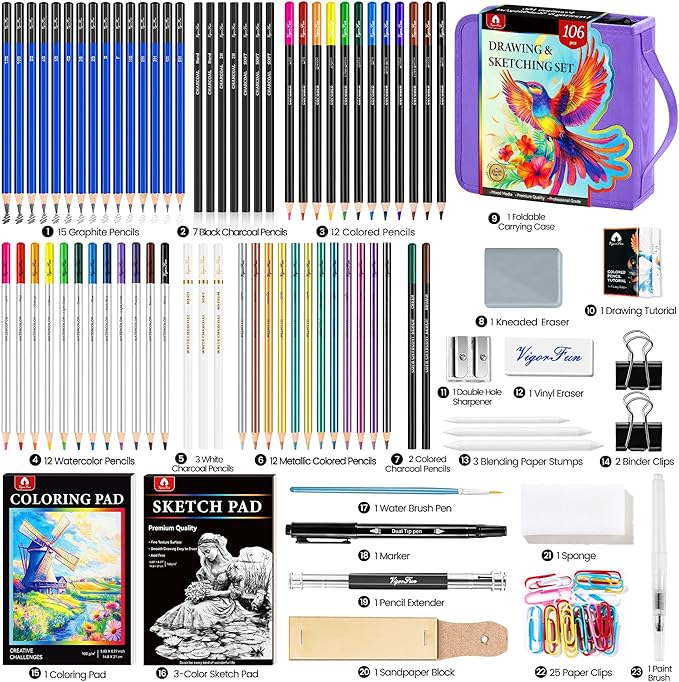 106 PCS Art Supplies Sketching Kit, Pro Drawing Pencils with 3-Color Sketchbook, Coloring Book, Colored Graphite Charcoal Watercolor & Metallic Pencils, Drawing Supplies Gifts for Artists Adults