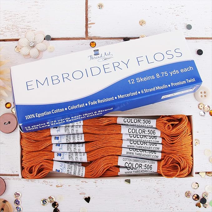 12 Skeins ThreadArt Premium Egyptian Long Fiber Cotton Embroidery Floss | Golden Brown | 6 Strand Divisible Thread 8.75yds Each for Hand Embroidery, Friendship Bracelets, Cross Stitch and Crafts
