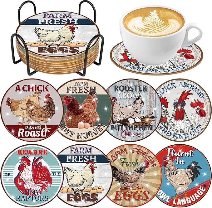 Funny Chicken Diamond Art Coasters, Rooster Diamond Painting Coaster Kits with Holder and Cork Pads, Farmhouse DIY Making Kit for Adults Crafts Chicken Gifts for Women Party Supplies