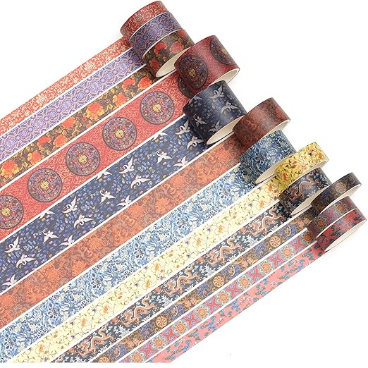 12 Rolls Chinoiserie Washi Tape Set Chinese Arts Adhesive Tapes Geometric Garden Decorative Masking Tape Sets for Craft, Kids, Scrapbook, DIY, Gift Wrapping (Drifting on Azure Waves)