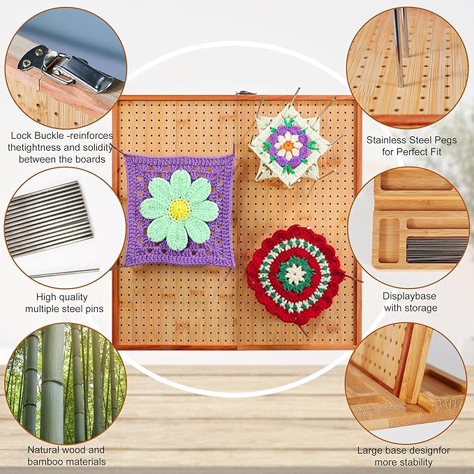 HHSarioneiro 15.6" Crochet Blocking Board with 16 Pins/Pegs, Blocking Boards for Crochet Projects, Wooden Crocheting Accessories Gifts for Crocheters