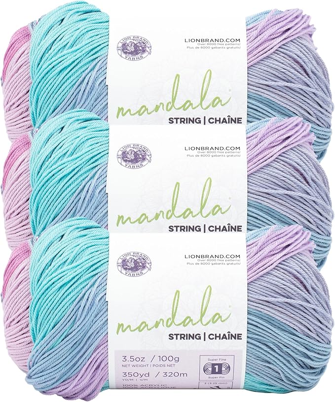 Lion Brand Yarn Mandala String, Fingering Yarn for Knitting and Crochet, Harmony, 3 Pack
