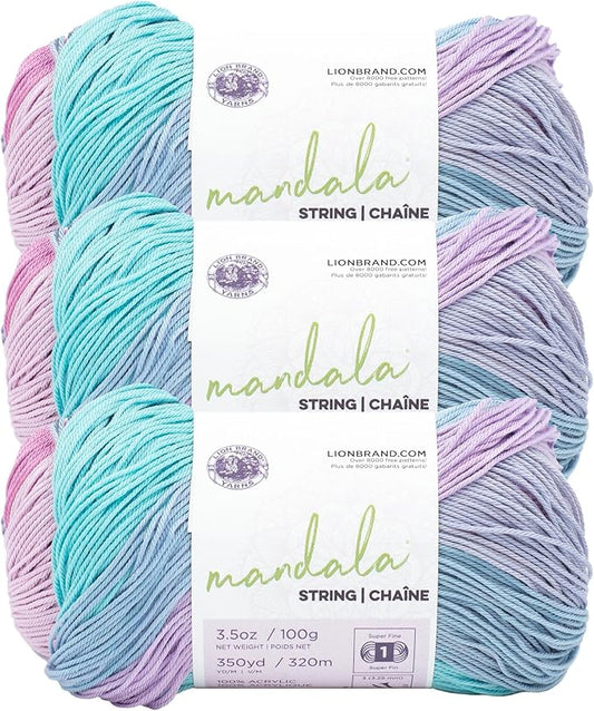 Lion Brand Yarn Mandala String, Fingering Yarn for Knitting and Crochet, Harmony, 3 Pack