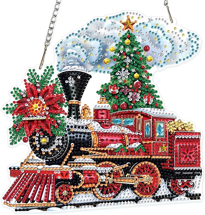 MOGTAA Christmas Diamond Art Hanging Kits for Adults Kids, Christmas Train Diamond Art Suncatchers, 5D Special Shape Diamond Painting Window Pendant Kit for Home Garden Wall Decor