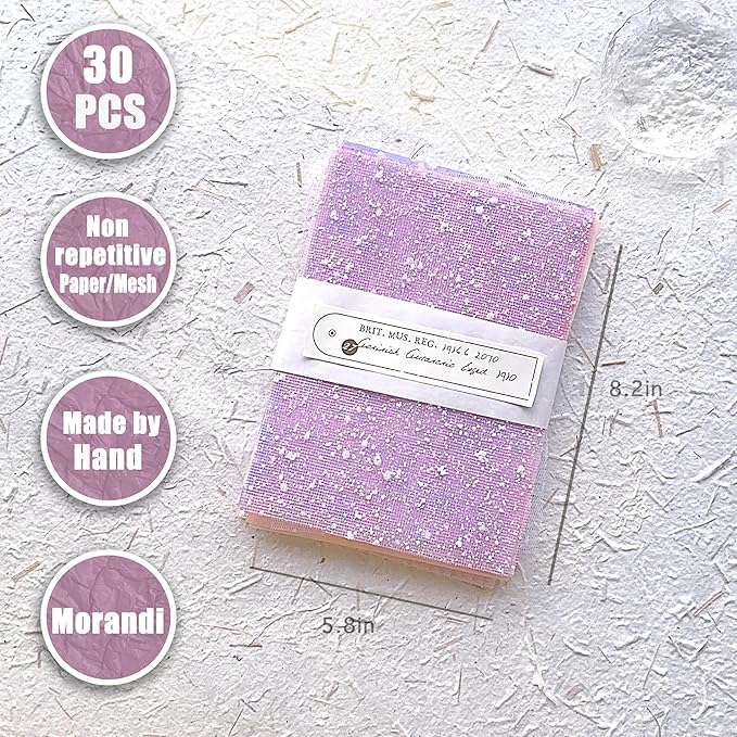30Pcs Handmade Textured Scrapbook Paper&Mesh Fabric set - Unique A5 sheet Craft Mulberry Special Rice Paper Mix for Scrapbooking Junk Journaling Supplies Card Collage DIY Materials, 5.8x8.2 inches