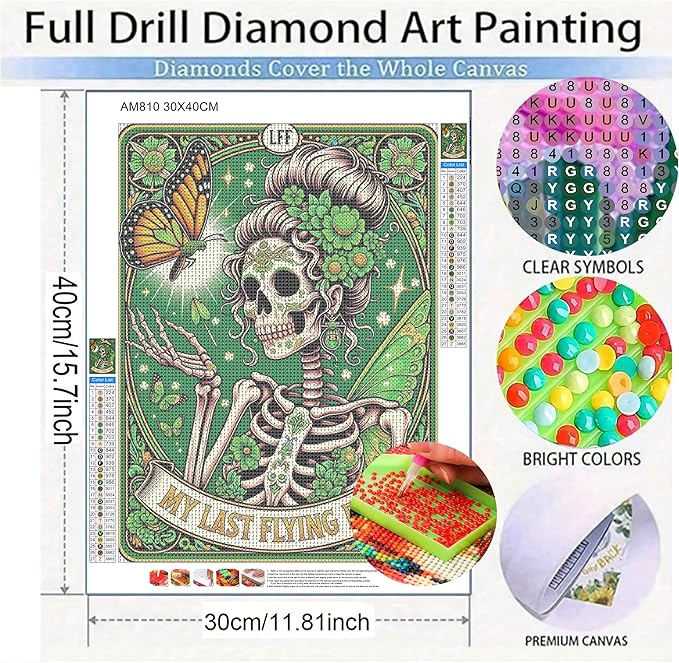 KUFWKEY Skull Diamond Art Kits for Adults,Skeleton Tarot Diamond Painting Kits for Beginners,5D DIY Full Drill Round Diamond Dots,Mosaic Gem Art Crafts for Wall Decor,St Patrick Gift,12X16 inch
