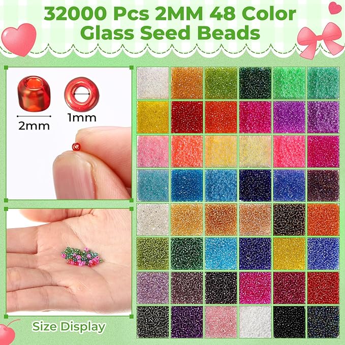 Tondiamo 32000 Pcs 2mm Glass Seed Beads and 12000 Pcs 7mm Tube Beads Set, Small Craft for DIY Bracelet Necklaces Crafting Jewelry Making Supplies with Beading Needles Elastic Strings, 48 Colors