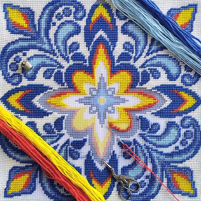 Brvsk Ornamental Stamped Cross-Stitch Kit for Adults and Beginners — Fire and Ice 16″ × 16″ with Clear, Precise Printed Design on Cotton Canvas; Includes 2 Needles, Yarn, and Easy-Read Chart