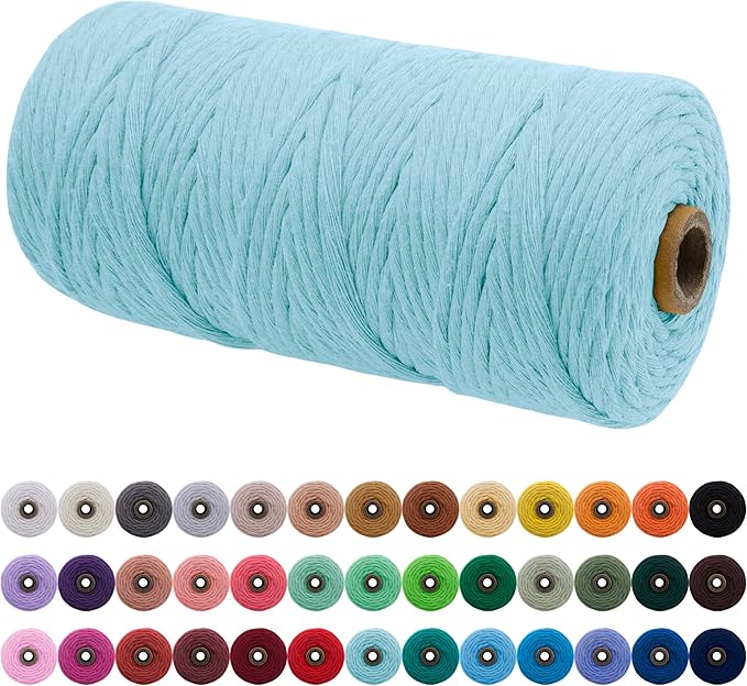 JeogYong Single Strand Macrame Cord 3mm x 109 Yards (328 Feet) Soft Cotton Rope Yarn, Macrame Supplies for Crafts Wall Hangings Plant Hangers Decorations (Light Blue)