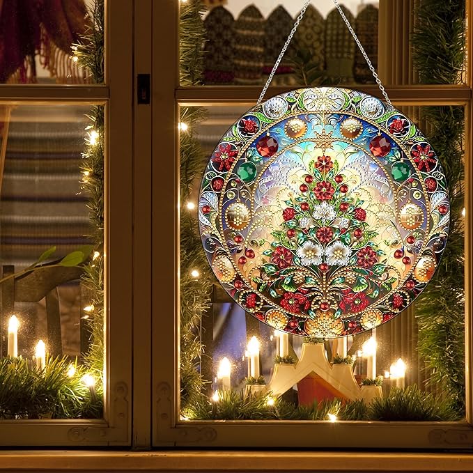 Diamond Art Hanging Kit for Adult,Special Shaped Rhinestone,DIY Acrylic Diamond Art Painting Window Pendants Home Garden Wall Hanging Kits Hanging Ornament,Double Sided. (Christmas Trees-1)