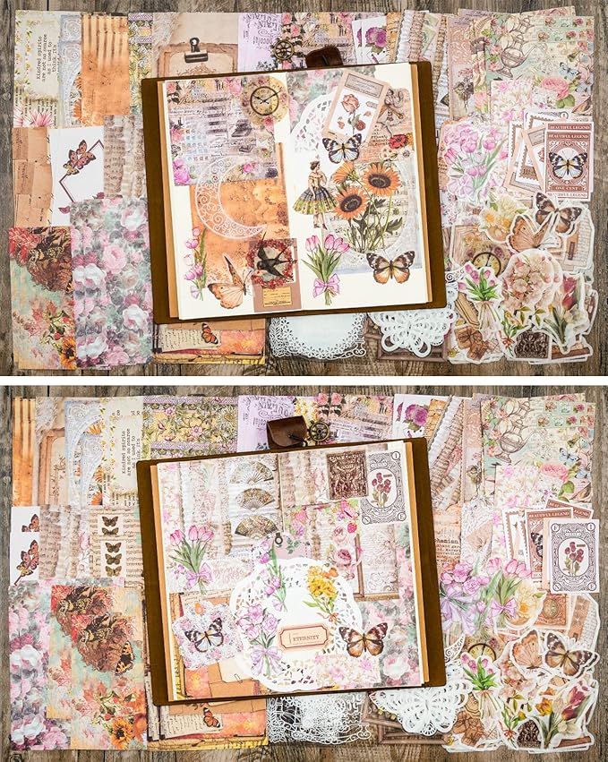 Knaid 200 Piece Vintage Ephemera Bundle - Paper & Sticker Kit for Junk Journaling, Scrapbooking, Planners, Bullet Journals, Collage, Decoupage - Cottagecore Themed - Pastel/Earthy Tones
