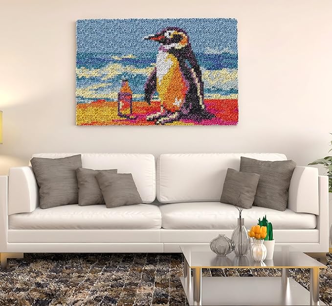 GLAECYY Latch Hook Kits Rug Crochet Yarn Kit Cushion Colour Pre-Printed Canvas Rug Needlework DIY Hook and Latch Kit (Seaside Penguin)