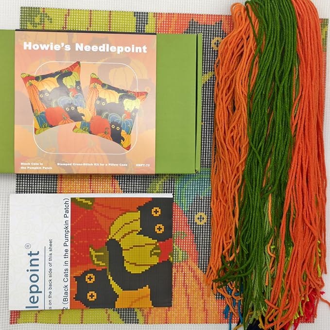 Howie's Needlepoint Needlepoint Kits for Adults, Pillow Front Cross Stitch Kit with Embroidery Pattern on Canvas, Yarn, 2 Needles and Instruction, 16 x 16inch(Black Cats in the Pumpkin Patch)