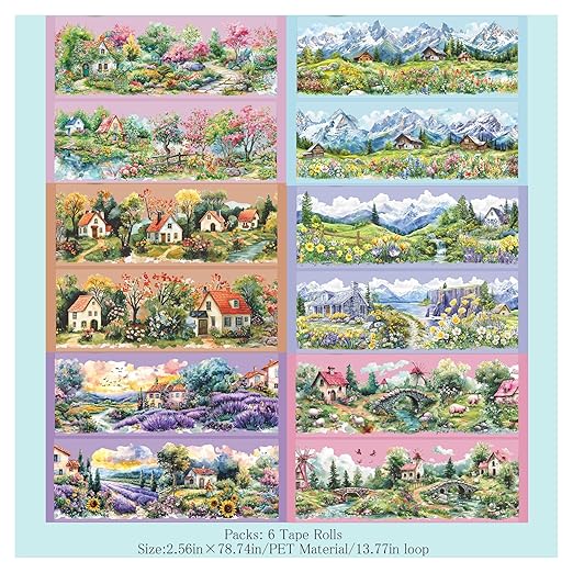 Kesari PET Tape Stickers for Scrapbooking Supplies,6 Rolls Landscape Cottages Tape Scrapbook Stickers for Journaling Supplies, DIY Crafts(Beauty)