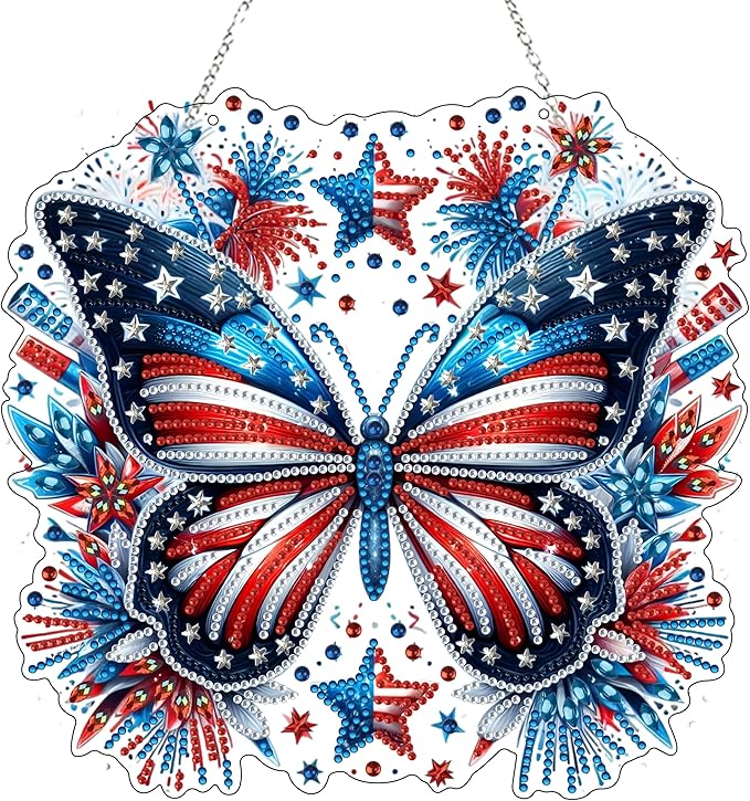 DIY Diamond Art Painting Wreath Kits，Special Shaped Rhinestone Hanging Ornament Diamond Art Window Pendants for Gift Home Garden Wall Hanging Kits,Double Sided (4th of July-Butterfly)
