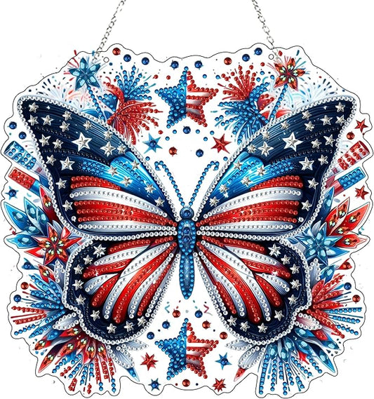 DIY Diamond Art Painting Wreath Kits，Special Shaped Rhinestone Hanging Ornament Diamond Art Window Pendants for Gift Home Garden Wall Hanging Kits,Double Sided (4th of July-Butterfly)