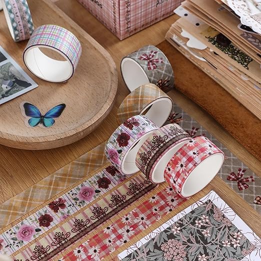 10 Rolls Vintage Floral Washi Tape Set Pastel Plaid Arts Adhesive Tapes Soft Colors Decorative Masking Tape Sets for Craft, Kids, Scrapbook, DIY, Gift Wrapping (Lavender Lace)