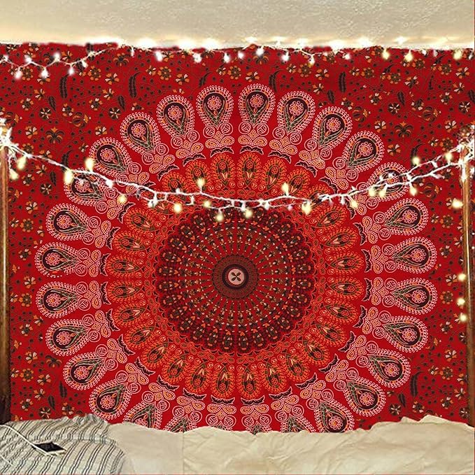 bless international handmade indian hippie bohemian psychedelic peacock mandala wall hanging college dorm beach throws table cloth bedding tapestry (golden red, poster(30x40inches)(76x101cms))