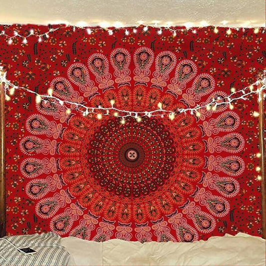 bless international handmade indian hippie bohemian psychedelic peacock mandala wall hanging college dorm beach throws table cloth bedding tapestry (golden red, poster(30x40inches)(76x101cms))