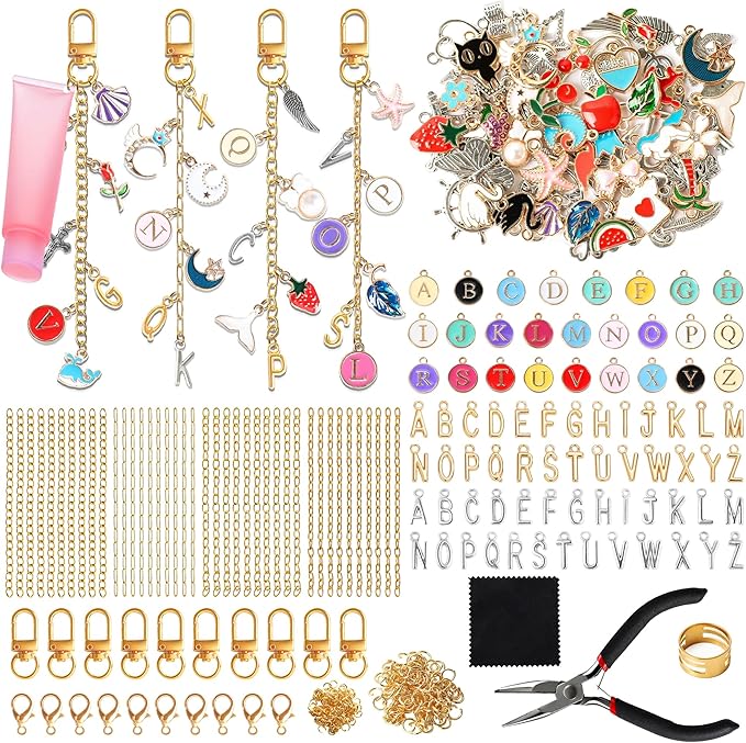 SUTROMA Lip Gloss Charm Keychain Kit - 501pcs Bag Charm Kit with 138 Charms 10 Keychain Clips 40 Extender Chains & Jewelry Plier - DIY Jewelry Making Supplies for Keychains and Purse Charms