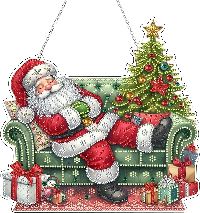 DIY Acrylic Diamond Art Painting Wreath Kits Special Shaped Rhinestone 5D Diamond Art Window Pendants Home Garden Wall Hanging Kits Hanging Ornament (Sleepy Santa Claus)