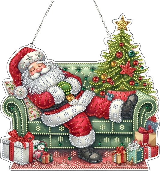 DIY Acrylic Diamond Art Painting Wreath Kits Special Shaped Rhinestone 5D Diamond Art Window Pendants Home Garden Wall Hanging Kits Hanging Ornament (Sleepy Santa Claus)