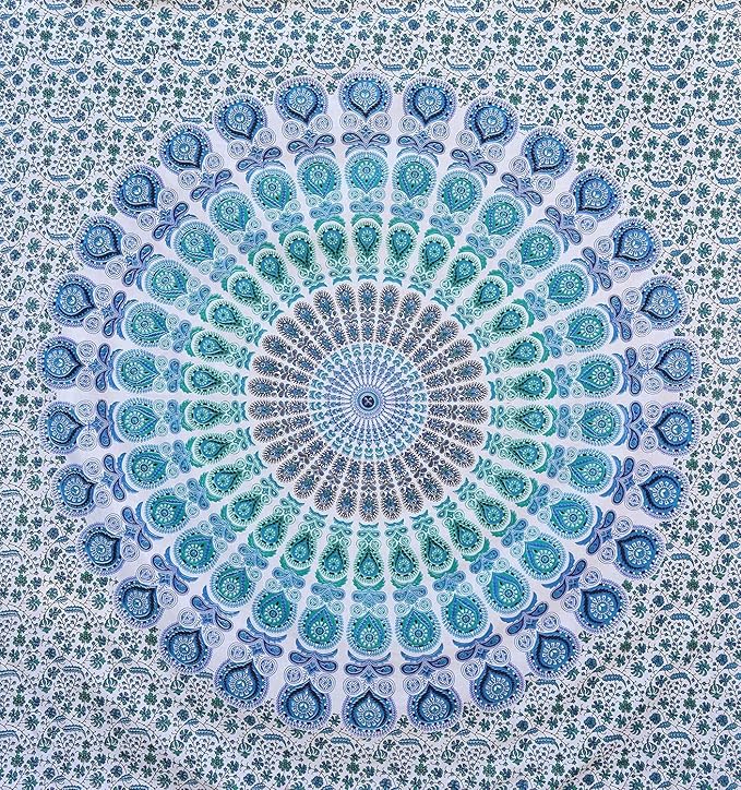 bless international handmade indian hippie bohemian psychedelic peacock mandala wall hanging college dorm beach throws table cloth bedding tapestry (peacock sky blue, king(88x104inches)(225x265cms))