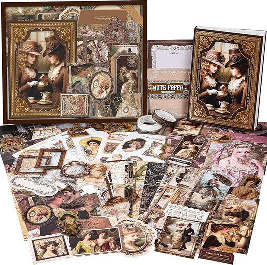 Scrapbook Supplies Kit, Vintage Junk journaling Supplies, Scrapbooking Kit with Aesthetic Ephemera Stickers, Stationary Set, Bullet Journaling Kit, Collage Craft Supplies Gift for Adults Women Starter
