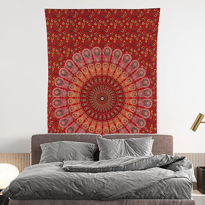 bless international handmade indian hippie bohemian psychedelic peacock mandala wall hanging college dorm beach throws table cloth bedding tapestry (golden red, twin(54x72inches)(140x185cms))