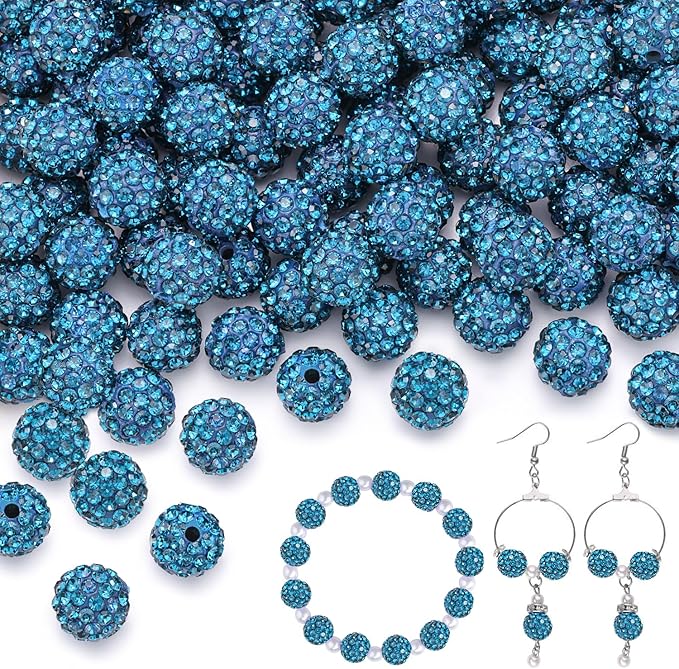 150 pcs 10mm Rhinestone Beads for Jewelry Making, Blue Zircon Shiny Round Shamballa Disco Beads Bulk, Sparkle Crystal Clay Christmas for Bracelet Baseball Necklace Earring Crafting and DIY